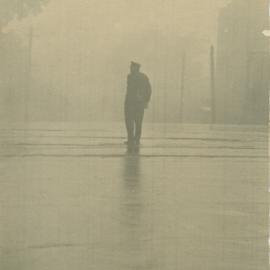 Silhouette of man walking in a street, Sydney, 1932