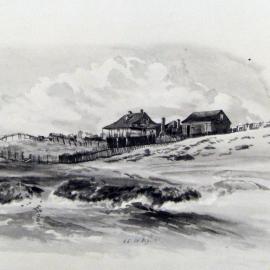Landscape drawing of early houses in Surry Hills, 1868