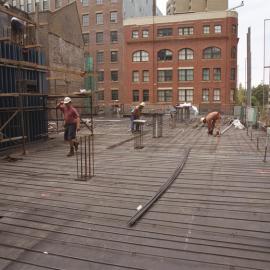 Lobana House (Rialto Apartments), Pitt Street Sydney showing workmen laying formwork, 2003