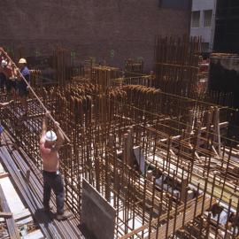 Lobana / Rialto Apartments Construction, Pitt Street Sydney showing workmen erecting formwork, 2002