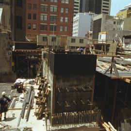 Lobana / Rialto Apartments Construction, Pitt Street Sydney showing workmen erecting formwork, 2002