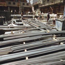 Lobana / Rialto Apartments Construction, Pitt Street Sydney showing workmen and steel rods, 2002