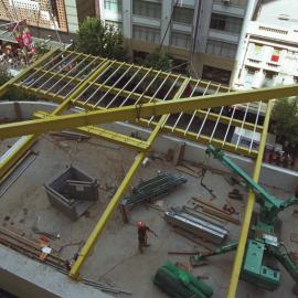 View of steel beams being positioned. The Village, George Street Sydney, 2005