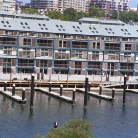 Mooring pontoons at Woolloomooloo Finger Wharf Redevelopment from The Domain, 2000