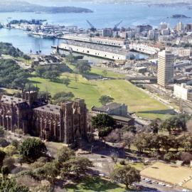 View of St Marys Cathedral towards Woolloomooloo Bay, 1979
