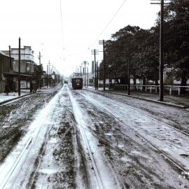 Tram travelling on Mitchell Road Alexandria, 1928