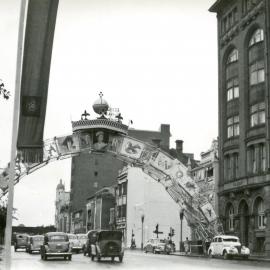 Crown arch decorations for 1954 royal visit, Sydney, 1953