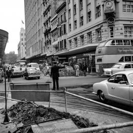 Roadworks outside Shirley House, corner Pitt and Market Streets Sydney, 1964