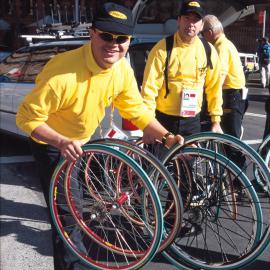 Spare wheels for the bikes in Macquarie Street, Sydney, 2000