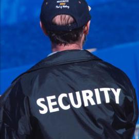 Security person at Olympic Triathlon Training day, Circular Quay, Sydney, 2000