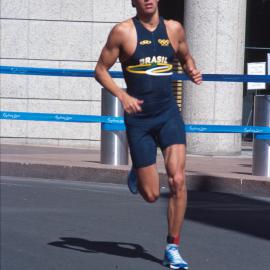 Triathlete in action, Olympic Triathlon training day, Macquarie Street, Sydney, 2000
