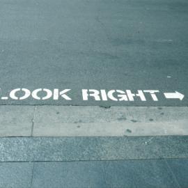 Olympic preparations - Look Right street sign on George Street Sydney, 2000