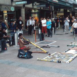 Street entertainment by First Nations man, Pitt Street Mall, Sydney, 2000