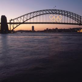 Harbour Bridge and the Olympic Rings at twilight, from the Opera House, Bennelong Point, 2000