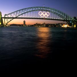 Harbour Bridge and the Olympic Rings at twilight, from the Opera House, Bennelong Point, 2000