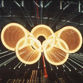 Olympic rings on the Harbour Bridge at night, Sydney Harbour, 2000