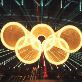 Olympic rings on the Harbour Bridge at night, Sydney Harbour, 2000