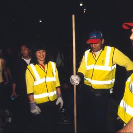 City cleansing teams get ready for action after Olympic closing ceremony, York Street Sydney, 2000