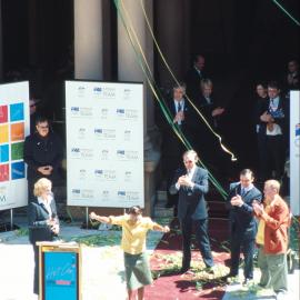 Athletes' interviews at Sydney Town Hall steps, 2000