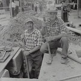 Workmen on footpath widening, Castlereagh Street Sydney, 1998