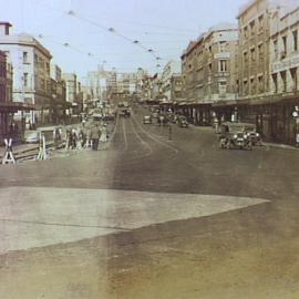 Tram track under construction, William and Yurong Streets Darlinghurst, 1934