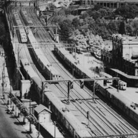 Trains on the overpass above Hay Street and Campbell Street Haymarket, 1947