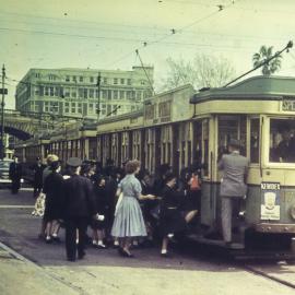 Schoolgirls boarding a tram on Eddy Avenue Haymarket, 1956