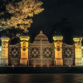 Night view of Palace Garden gates, Royal Botanic Gardens, Macquarie Street Sydney, 2001