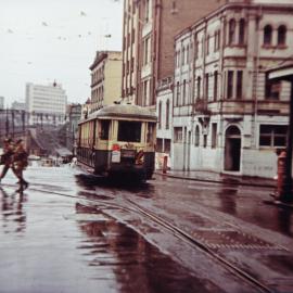 Tram in Castlereagh Street, at corner of Campbell Street, Haymarket, 1957