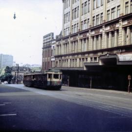 Tram passing Mark Foy's department store, Elizabeth Street Sydney, 1951
