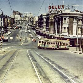 Tram turning from Yurong Street onto William Street, Darlinghurst, 1957
