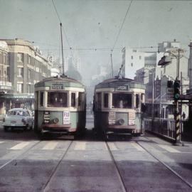 Trams at Palmer Street pedestrian crossing, William Street, Darlinghurst, 1960