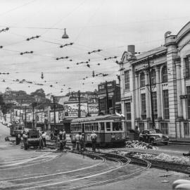 Streetscape with tram track maintenance on Bayswater Road Rushcutters Bay, 1954