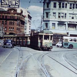 Tram passing Mark Foy's department store, Liverpool Street and Elizabeth Street Sydney, 1951