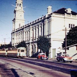 Tram passing Paddington Town Hall, Oxford Street Paddington, 1955