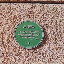 Plaque commemorating the first execution in the colony of Thomas Barrett, The Rocks, 1986