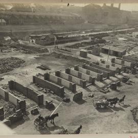 Print - Brick stalls under construction for City Municipal Fruit Market Building Number 3, Quay and Hay Streets Haymarket, 1911