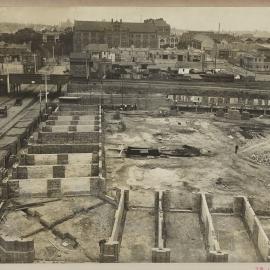 Print - Brick stall walls being constructed for the City Municipal Fruit Market Building Number 3, Quay and Hay Streets Haymarket, 1911