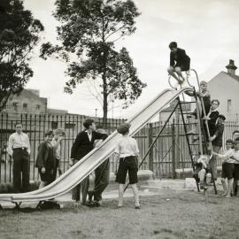 Slippery slide equipment at Moore Park Children's Playground, 1936