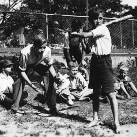 Boys playing baseball at Moore Park Children's Playground, 1936