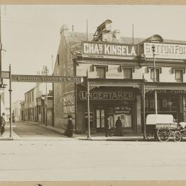 Print - Streetscape with Kinsela undertaker and Sutton Forest Meats, George Street Haymarket, 1910