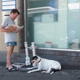 A man reading the newspaper with his dog 'Molly', Glebe Point Road Glebe, 2003