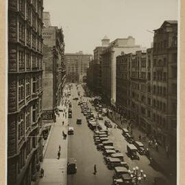Print - Martin Place with parked vehicles from Castlereagh Street Sydney, 1933