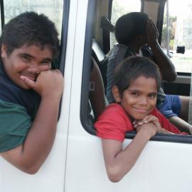Kids in a bus on Caroline Street, circa 2003