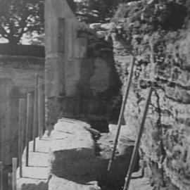 Sandstone wall, concrete and steel rods, Circular Cut at Millers Point, 1941