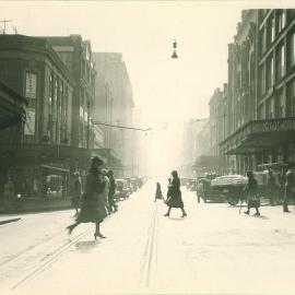 Pedestrians crossing Castlereagh Street Sydney, 1932