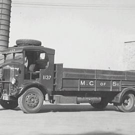 Council refuse collection truck No. 1137 with driver, Pyrmont Incinerator Pyrmont, 1936