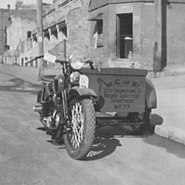 Council fleet vehicle, motorcycle with storage box No. 77, location unknown, 1935