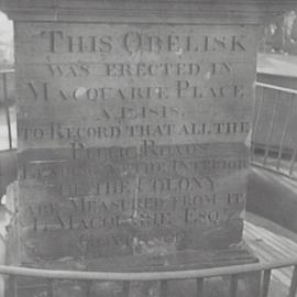 Detail of front face of Obelisk, Macquarie Place Park, Bridge Street Sydney, 1935