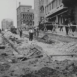 Looking west to York Street at roadworks, Margaret Street Sydney, Sydney, 1933